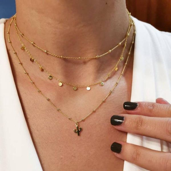 

pendant necklaces fashion items creative retro gold cactus sequin multi-layer necklace collarbone chain tassel, Silver