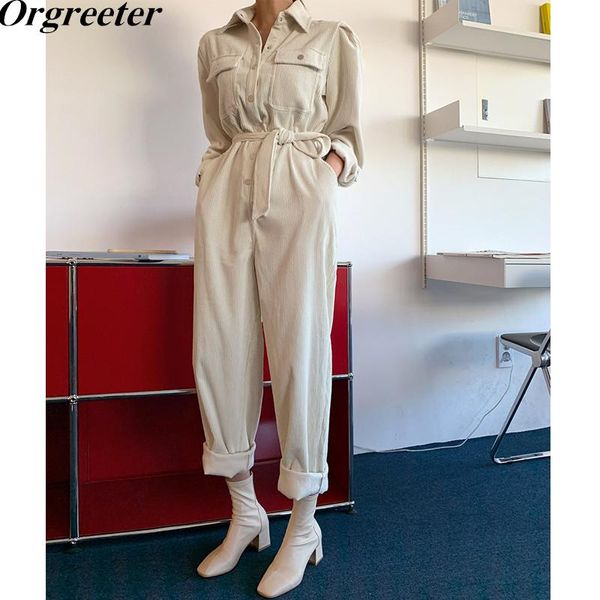 

women's jumpsuits & rompers spring autumn chic corduroy romper for women turn-down collar lace up safari style jumpsuit casual overalls, Black;white