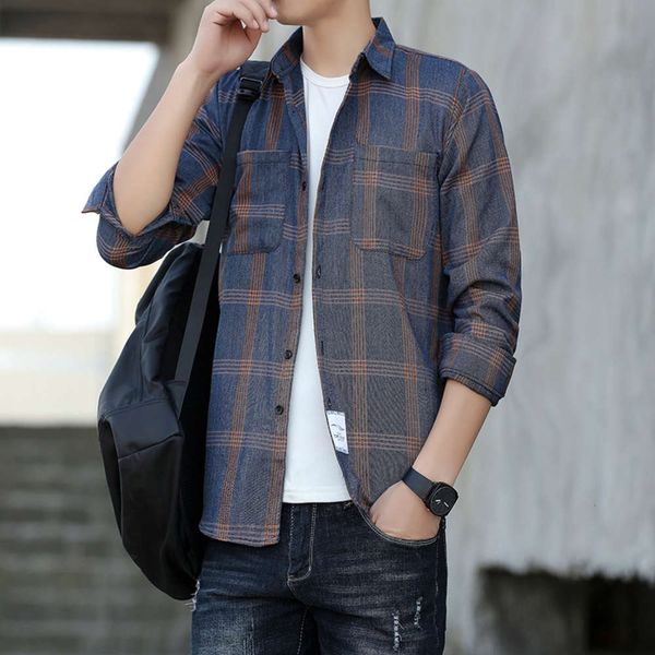 

spring long sleeve trend casual inch lapel plaid men's dress shirt, White;black