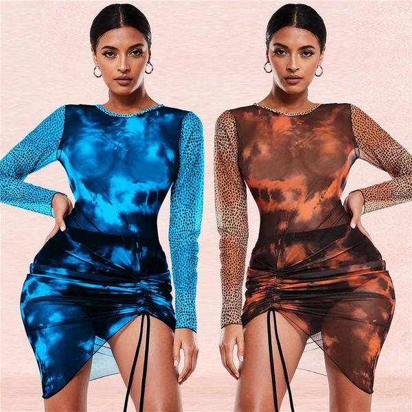 

casual dresses 2021 fashion women spring bodycon mini dress long sleeve crewneck sheer mesh tie dye print drawstring one piece, Black;gray