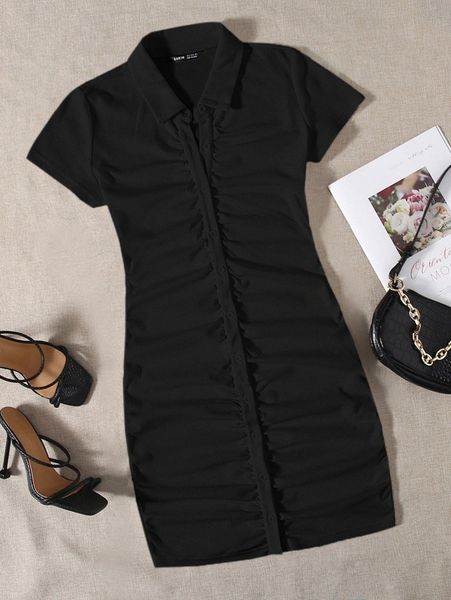 

collared buttoned front striped dress k8zn#, Black;gray