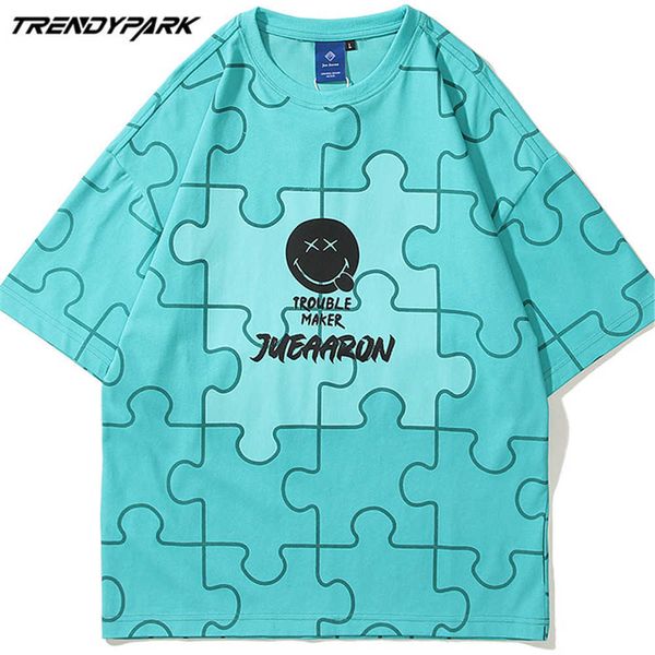 

men's t-shirt summer short sleeve puzzle pattern tee hip hop oversized cotton casual harajuku streetwear tshirts 210601, White;black