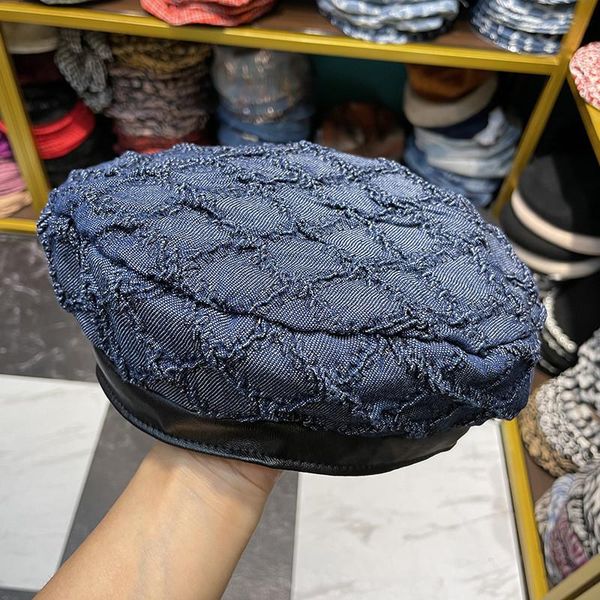 

berets 202109-xx autumn custom plaid fabric pu brim fashion street lady beret hat women leisure painter, Blue;gray