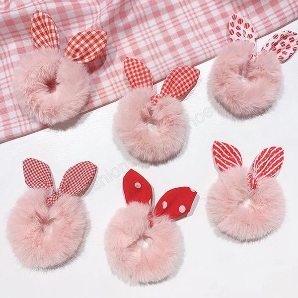 

solid color hair scrunchies women hairband ponytail holder faux fur rabbit ears hair rope cute girls hair accessories, Slivery;white