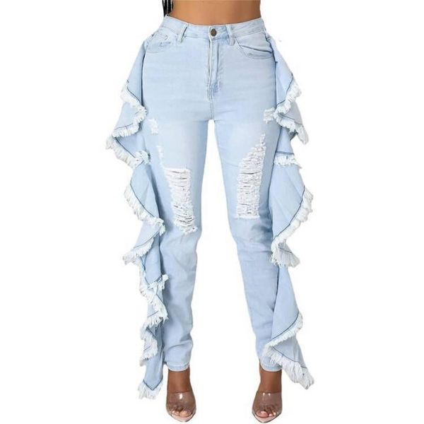 

women's jeans light blue ripped with ruffles fringed casual trousers stretchy feet slim 2021 winter african clothing