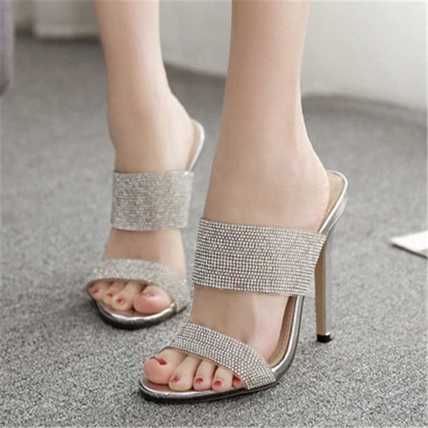 

women sandals pu slip on 11.5cm thin heels high heels round toe bling shallow zapatos de mujer women shoes, Black