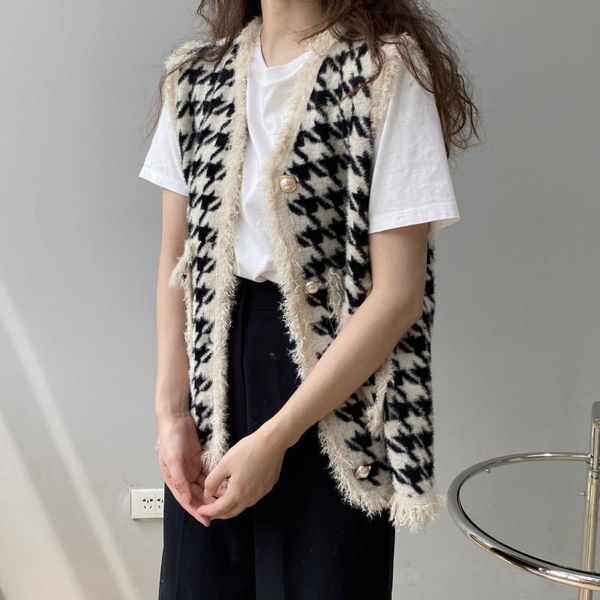 

women's vests 2021 women v-neck vest sleeveless knitted vintage fashion plaid sweater casual for autumn clothes, Black;white