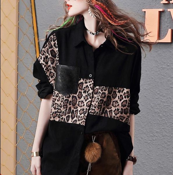 

european station leopard women and blouses splicing pocket long sleeve woman korean women's blouse ropa mujer & shirts, White