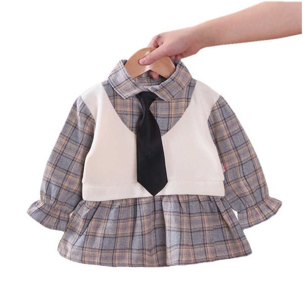 Neue Frühling Herbst Baby Mädchen Grid Langarm Kleidung Kinder Baumwolle Krawatte Kleid Kleinkind Mode Kostüm Kinder Casual Sportswear Q0716