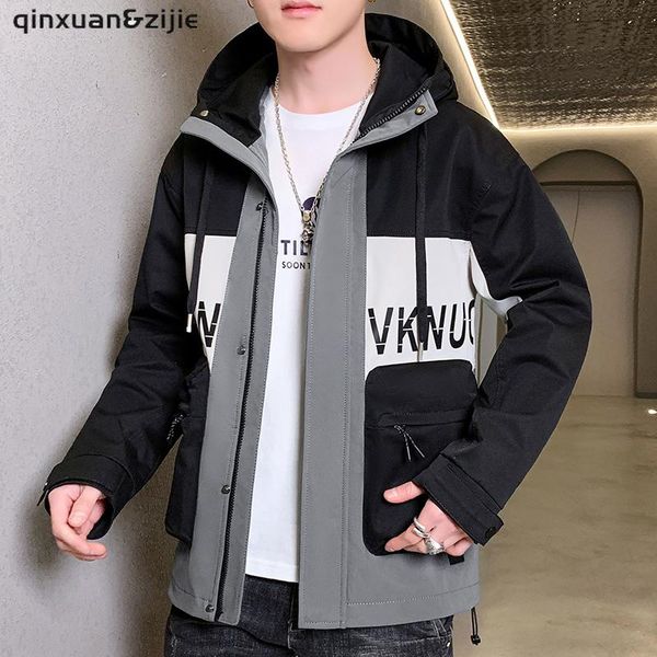 

men's trench coats windbreaker jackets cardigan male korea fashion techwear hooded print casual clothing autumn 2021 drop, Tan;black