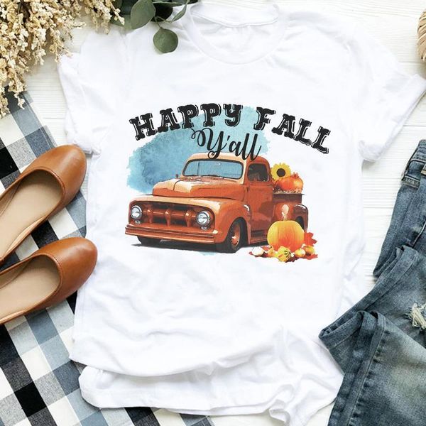 

women lady vintage pumpkin truck halloween thanksgiving print womens clothes shirt t tee for tshirt female graphic t-shirt, White