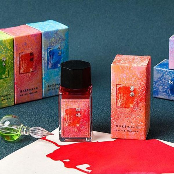 

12 colors glass bottled smooth writing fountain pen non-carbon ink for refilling, Black;red