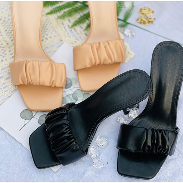 

slippers women fashion pumps pleat high heels shoes square toe woman footwear 2021 pu transparent summer sandals lnoc, Black