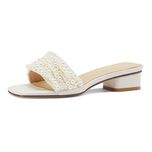 

string bead decoration women slippers mules low heels summer girl's sandals genuine leather square heels basic shoes woman, Black