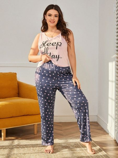 

plus slogan graphic tank & star print pants pj set c1ua#, Black;white
