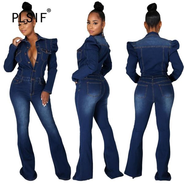 

women's jumpsuits & rompers denim romper full length single breasted overalls puff sleeve elegant playsuit, Black;white