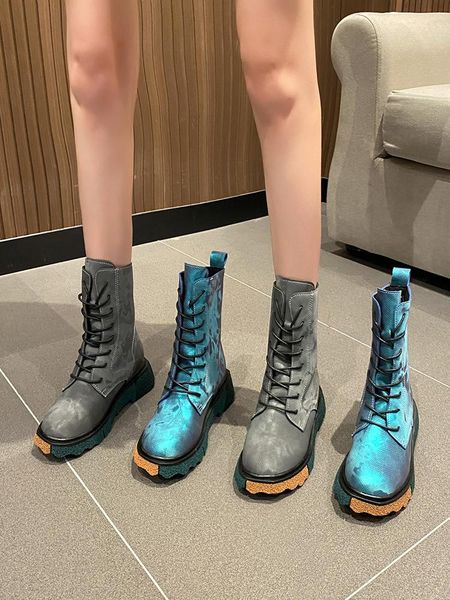 

boots 2021 blue ankle for women autumn fashion lace-up waterproof platform round head ladies designer shoes gray, Black