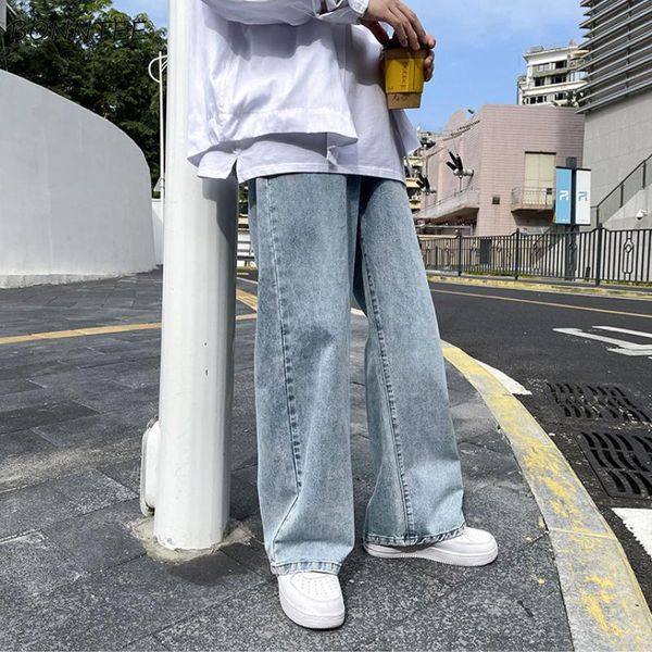 

men's jeans men solid straight casual ankle-length loose fashion simple design large size 5xl wide leg trousers students chic summer, Blue