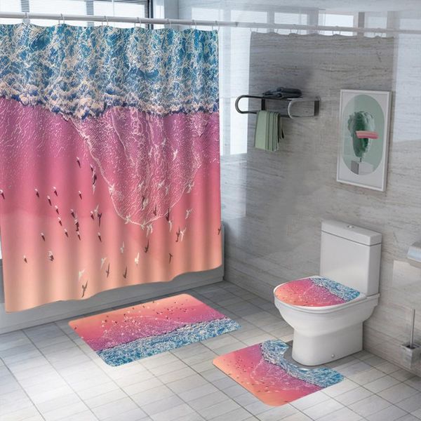

shower curtains beach 3d print curtain set waterproof washable polyester bath anti-slip rugs toilet lid cover mat