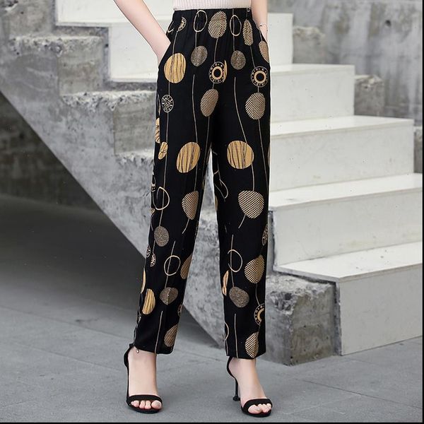 

2021 summer women harem pants casual plus size xl 5xl high waist pencil pants printed elastic waist aged women trousers, Black;white