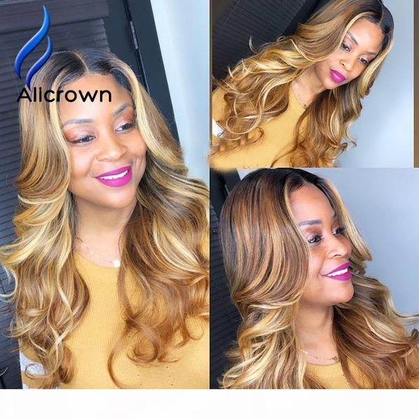

alicrown highlight t-part lace front human hair wigs bleached knots 180% density non-remy lace wigs for women, Black;brown