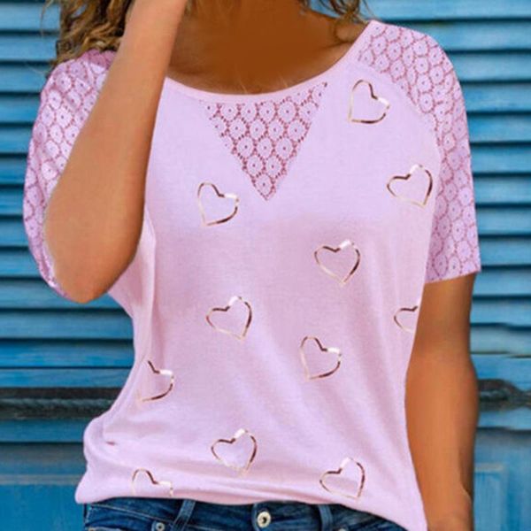 

women's t-shirt summer t shirt casual round neck hearts printed tshirt lace hollow stitching short sleeve blouse lady streewear, White