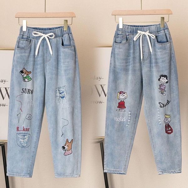 

women's jeans cute cartoon girls spring pants trousers female harajuku high street denim bagge cool autumn boyfriend japan femme, Blue