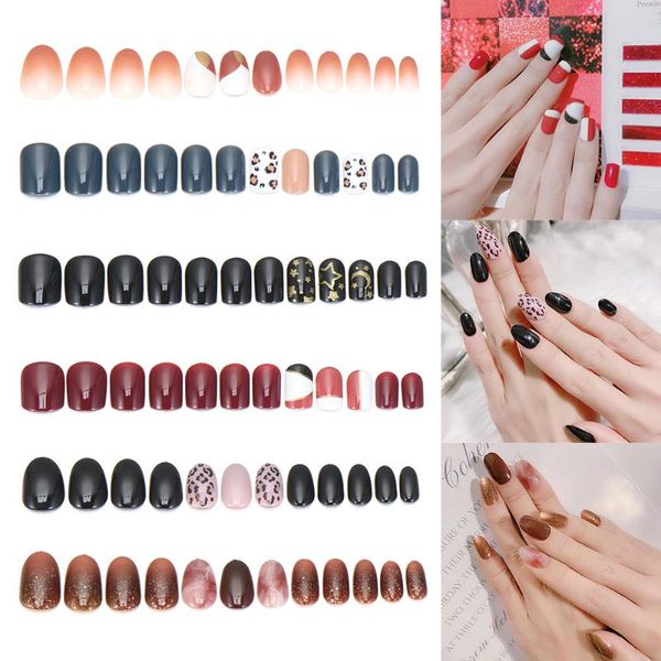 

false nails 30pcs full cover nail tips leopard pattern detachable women fashion wearable bright galaxy art manicure tool, Red;gold