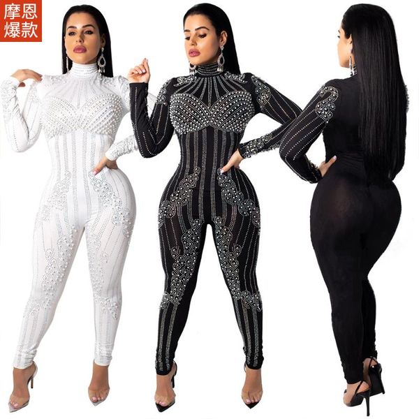 

women's pants & capris rhinestones and pearl mesh explosions in europe america tight nightclub birthday party club evening dress, Black;white