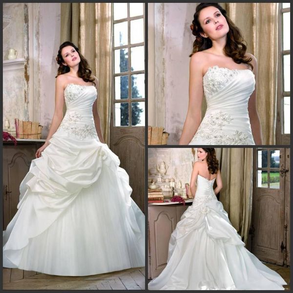 

selling 2022 glamour a-line lace up ruffles satin ivory wedding dresses beautiful flare bridal gown divid, White