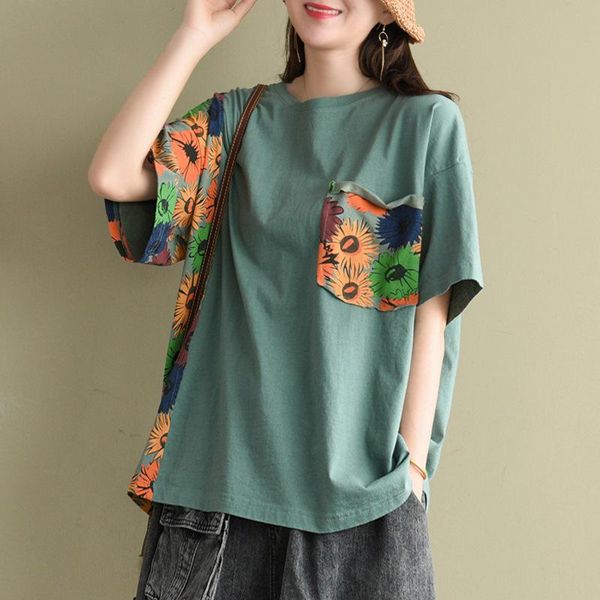

women's t-shirt women summer fashion vintage floral print patchwork pockets short sleeve o-neck cotton office lady casual loose tee, White