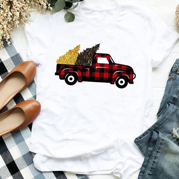 

women's t-shirt christmas truck tree claus  snowman print cartoon clothes women 2022 happy year holiday fashion shirt xl, White