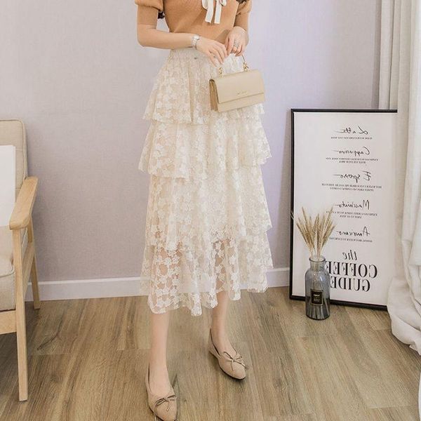 

2021 women spring autumn casual lace skirts female floral elastic high waist a-line pleated skirt lady elegant loose faldas g321, Black