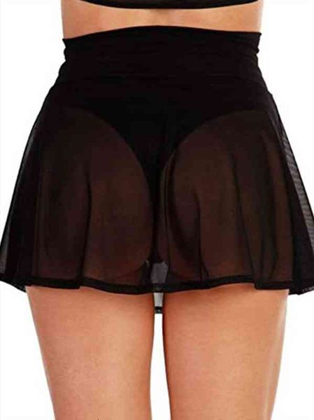 

womens sheer mesh mini skirts high waist solid color see through skater skirt beach cover-ups, Black