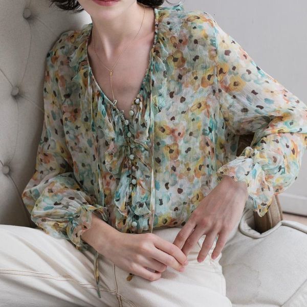 

2021 new 100% impresso de seda das mulheres v-necck blusa senhoras vero camisa macia retro casual feminino manga longa fivela blusas e, Black