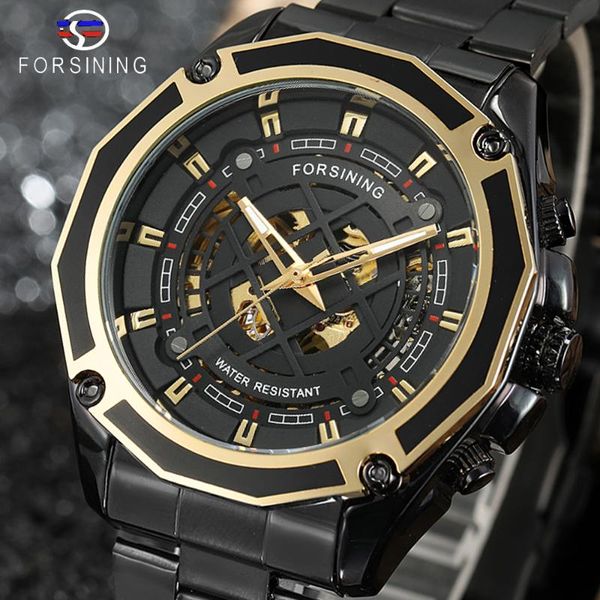 

wristwatches forsining 2021 3d transparent design black stainless steel men automatic skeleton watch male clock montre homm, Slivery;brown