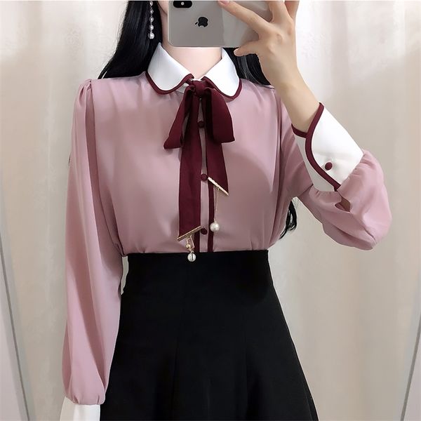 

new stitching chiffon blouse korean casual clothing women fashion long sleeve chiffon shirt 210225, White