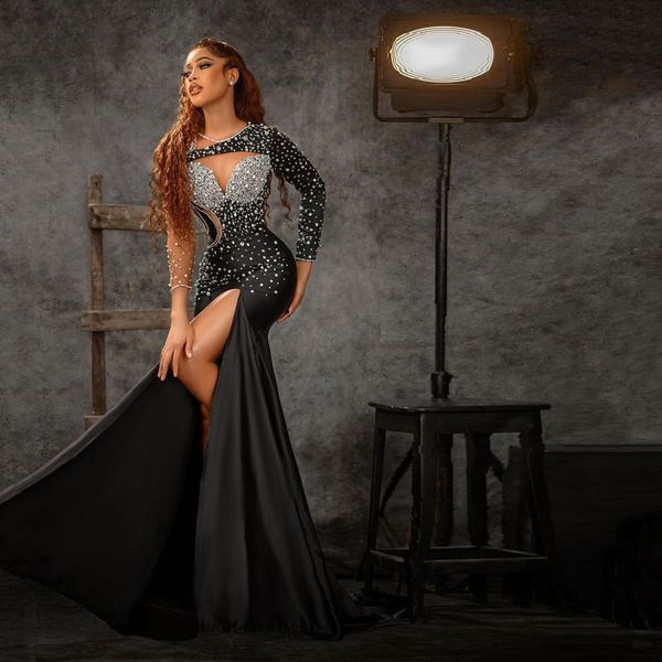 

new luxury elegant mermaid evening dresses long sleeves high split crystals sparkly women long prom party gowns custom made, Black;red