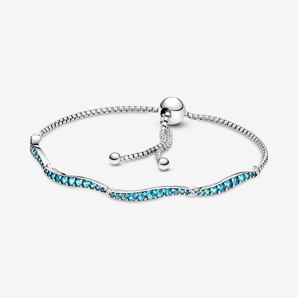 

link, chain s925 sterling silver color blue wave sliding bracelet adjustable fit original charms beads for women jewelry, Black