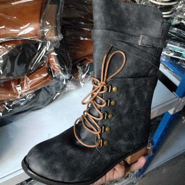 

boots karin brand design big size 43 women square heel round toe platform zip cross-tied spring/autumn mid-calf shoes, Black