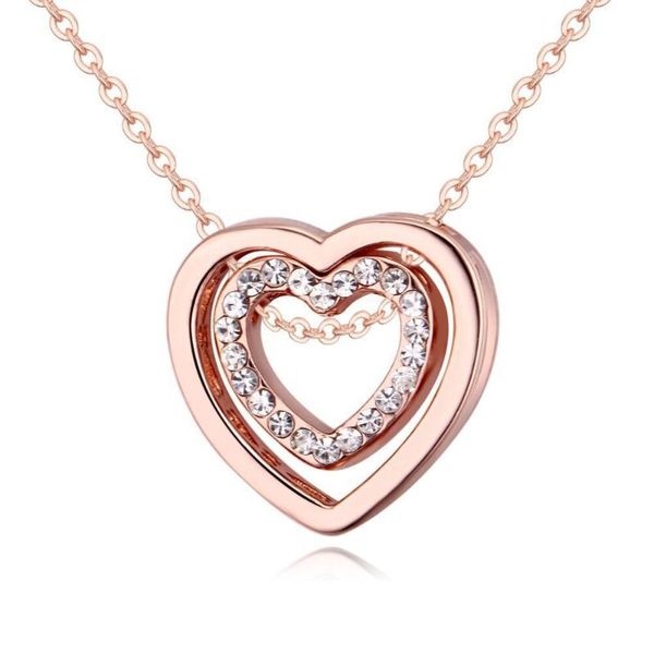 

pendant necklaces japan and south korea simple female love fashion full crystal double heart hollow clavicle chain, Silver