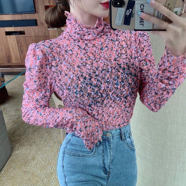 

women's t-shirt thin see through lace t shirt women elasticity vintage floral clothes turtleneck slim long sleeve tee female, White