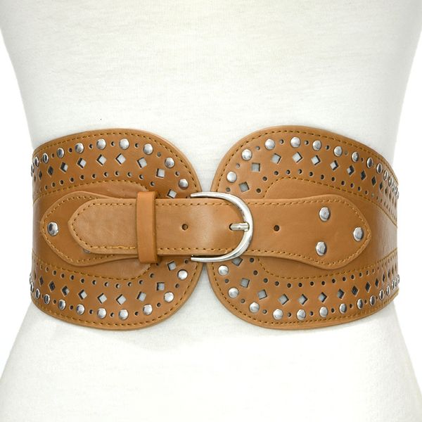 

new women's hollow out waist cover fashion pin buckle imitation leather nailing black elastic wide belt, Black;brown
