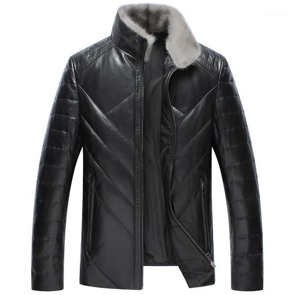 

men's leather & faux winter luxury genuine men thick warm down jacket collar outwear clothes sheepskin coat lwl1072, Black