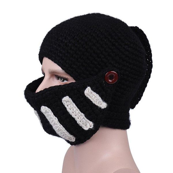 

1pc soft roman hat winter beanie hats for men warm mask knight helmet knitted cap handmade gladiator mask hat for hiking climb*, Black;white