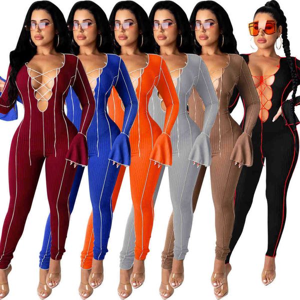 Sonbahar Kadın Bandaj Tulumlar Moda Seksi Onesies Açık Göbek Boynuz Kollu Tek Parça Gece Kulübü Bodysuit Tasarımcılar Giysileri