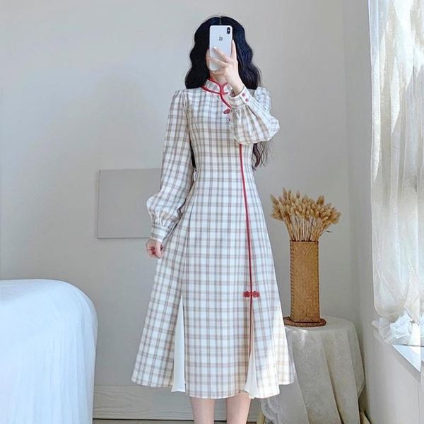 

casual dresses everyday cheongsam for women vintage fashion plaid party evening maxi dress vestidos de mujer robe femme sukienka, Black;gray