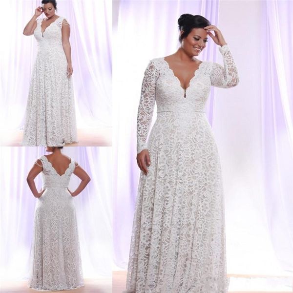 

2021 new plus size full lace es long sleeves v neck bridal gowns floor length a line wedding robe de mariage wk3a, White