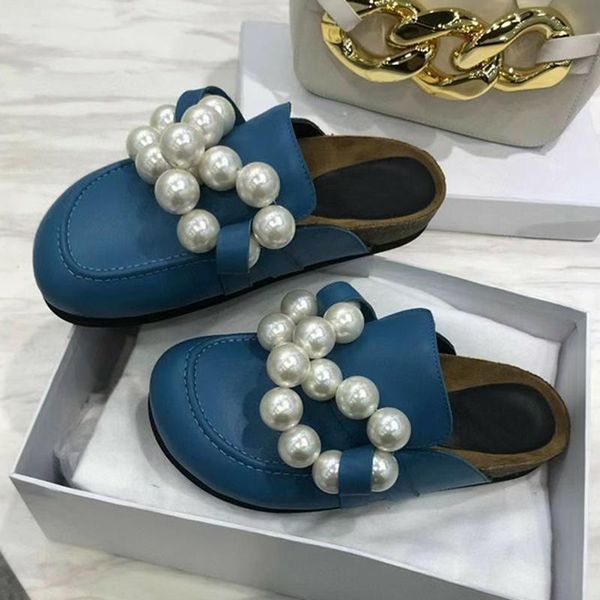 

slippers summer selling flat loafers women genuine leather round toe sandals leisure vacation pearled muler shoes beach, Black