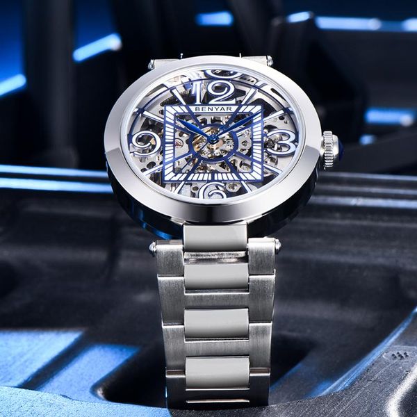 

wristwatches benyar mechanical luxury stainless steel men automatic watches leisure sports waterproof watch for, Slivery;brown
